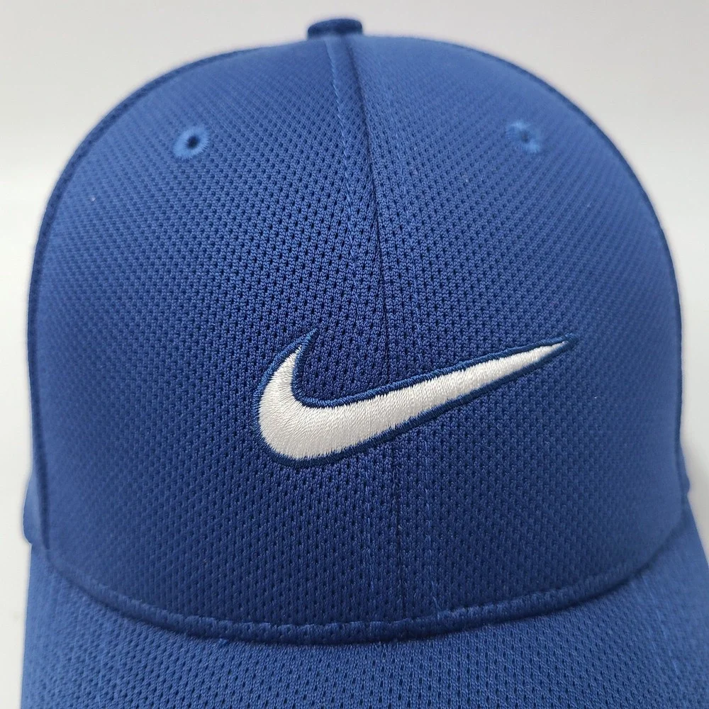 Nike Hat Fitted (Seems‎ S-M) Blue White Fit Dry Swoosh Logo Jersey Mesh Casual